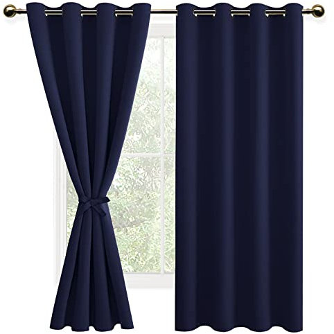 DWCN Blackout Curtains with Tiebacks for Bedroom Thermal Insulated Solid Eyelet Curtains for Living Room,Dark Blue,46 Wide x 72 Drop,2 Panels