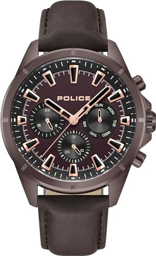 Police Malawi Herren Armbanduhr aus Edelstahl und Leder in der Farbe Braun 45mm, Wasserdichtigkeit: 5 Bar, PEWJF0005802