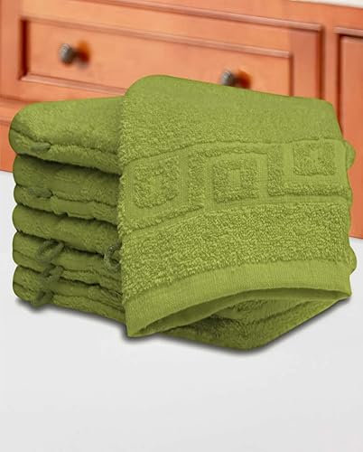 QCS Towels - 10 Piece Wash Mitt Set - 100% Cotton Premium Quality Towelling Washing Mitts Absorbent Flannel Face Towel Body Scrub Size: 16 x 23 cm (Green)