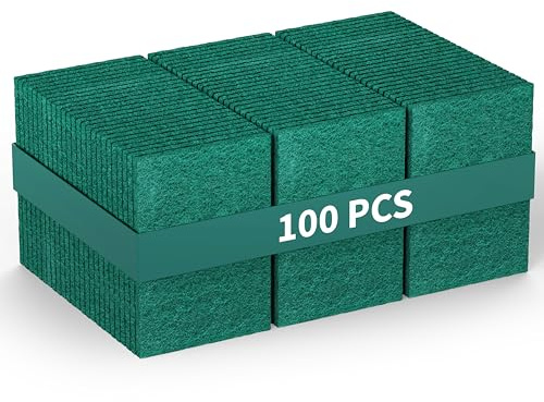 100 Pack- Heavy Duty Scour Pads - Reusable Non Scratch 3 x 4 Inch Scrubber Pads for Household Kitchen Dishes Pots Pans and Metal Grills. These Scouring Pads are A Great Replacement for Steel Wool.