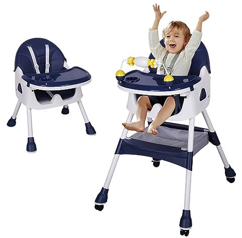 Sinbide Chaise Haute Bébé Pliable Chaise Enfant Voyage avec roulettes, dossier réglable, tablette amovible, siège avec ceinture de sécurité pour 6 mois à 6 ans Repas Bébé 20kg (Bleu foncé)
