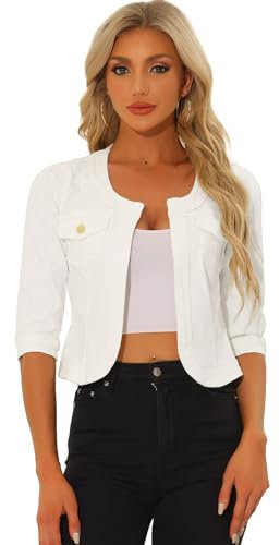 Allegra K Women's Short Denim Jacket Collarless 3/4 Sleeve Jean Jackets White L