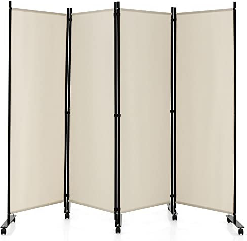 GOPLUS Paravent Pliable à 4 Panneaux, Cloison de Séparation 225x173CM avec roulettes, Cadre en Métal, Idéal pour Salon, Salle à Manger, Bureau (Blanc)
