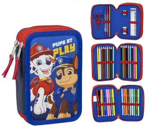 CERDÁ LIFE'S LITTLE MOMENTS Schulmäppchen für Kinder, Paw Patrol, Blau, Reißverschluss, 12,5 x 6,5 x 19,5 cm, 3 Fächer, inklusive Zubehör, Originalprodukt, entworfen in Spanien, blau, Federmäppchen