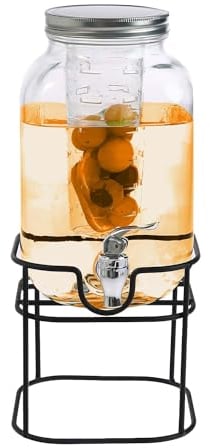 Crystals 4L Glass Water Dispenser with Tap – Wide Mouth Drink Dispenser with Metal Wire Handle and Stand - Leak Proof Glass Juice Dispenser with Tap for Beverage, Cocktail and Drinks