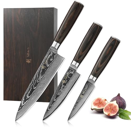 Wakoli EDIB Essentials 3er Küchenmesser Set mit 10-20 cm Klingen I 67 Lagen Damaststahl I Chefmesser, Kleines Chefmesser und Officemesser I mit Fingerschutz & Holzbox
