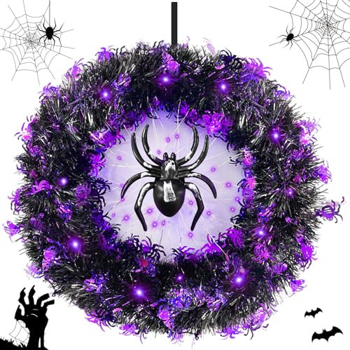 RDDAIPE Couronne Halloween, Couronne de Porte d'halloween avec lumières Ø 30cm, Couronne de Décoration d'araignée d'halloween, Decoration Porte Halloween, pour Extérieur, Intérieur, Fenêtre, Fêtes