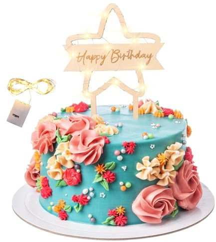 KOBOKO Happy Birthday Tortendeko mit Led Lichterkette, Holz Happy Birthday Cake Topper, Pentagramm Cake Topper Geburtstag, Wiederverwendbar Geburtstagskuchen Deko, Kuchendeko Geburtstag Mädchen Junge