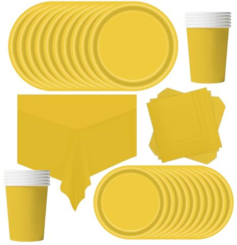 POPOYU Vajilla de fiesta de cumpleaños infantil, color amarillo, 69 unidades, juego de platos de papel, mantel de papel, tazas, platos, servilletas para Navidad, cumpleaños, bodas, aniversarios (16