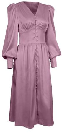 Robe longue en satin avec col en V et manches longues - Style vintage et élégant - Couleur unie, lilas, XL