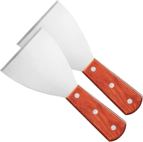 2Pcs Griddle Scraper,Stainless Steel Spatula for Cast Iron Wood Handle Slant Edge Grill Scrapers for Food Service/Cooking/Cleaning(brown)