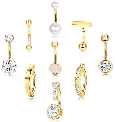 Morfetto 9stk Bauchnabelpiercing Gold Chirurgenstahl Piercing Bauchnabel 14G Silber Bauchnabelpiercing Schwangerschaft CZ Perle Opal Bauchpiercing Nabelpiercing 10/12mm Stablänge Gold 12mm