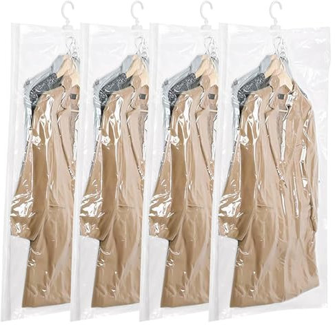 4 PCS Hanging Vacuum Storage Bags for Clothes, 135 x 70cm Space Saving Vacuum Coat Bags with 360° Rotating Hooks, Reusable Vacuum Compression Garment Bags, Vacuum Seal Storage Bag for Coats, Dresses