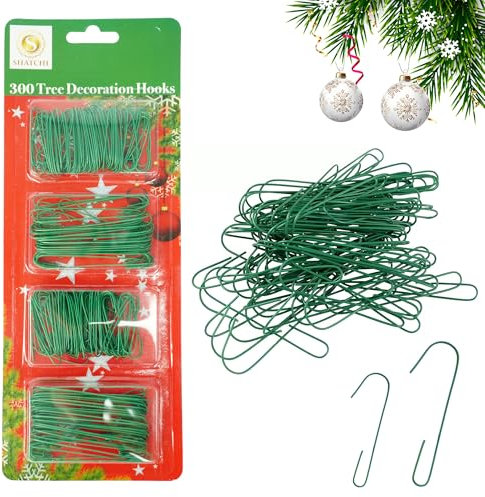 Trimming Shop 300PCS Green Bauble Hooks for Christmas Tree Decorations - Christmas Tree Ornament Baubles Hangers Metal Hooks for Home Kitchen Party Decorations, Assorted Sizes