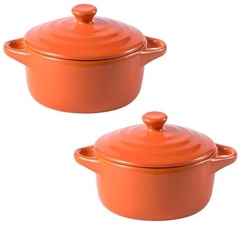 Set of 2 Mini Ceramic Casserole Pots with Lids, Oven-Safe Small Soup Pots, Perfect for Soups, Stews, and Side Dishes(Orange)