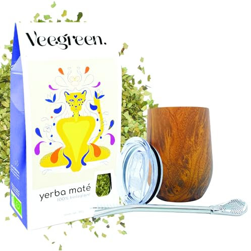 Kit Calebasse & Maté Bio | Tasse isotherme + Paille Bombilla traditionnelle + Couvercle type thermos | Gourde Idéale pour boire le Maté chaud | Double paroi en acier inoxydable (Coffret Dégustation)