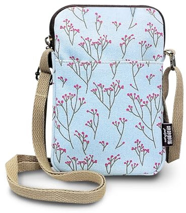 FuninCrea Handy Umhängetasche Leinen Klein Crossbody Bag Damen, Kleine Umhängetasche Damen 3-Lagen-Taschen Handy Tasche mit Reißverschluss und Verstellbarem Schulterriemen (Blaue Blume)
