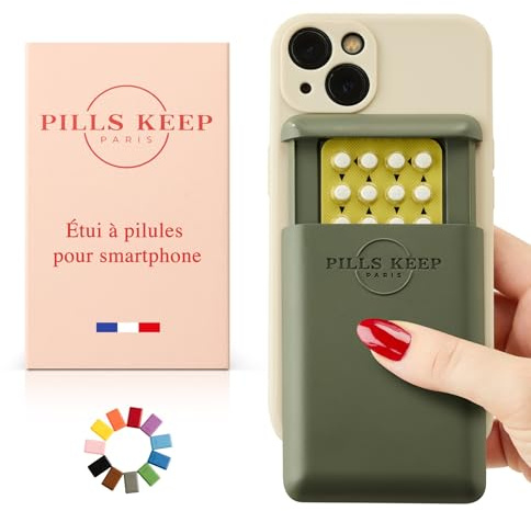 Etui pour plaquette de pilule contraceptive - A coller sur téléphone ou sur coque smartphone - Pilulier Made in France - Pochette boîtier pour médicament, carte bancaire, carte d’identité - Gris