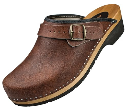 APREGGIO Herren Holz Clogs Holzschuhe aus Leder Praktische Gartenclogs | Rutschfeste PU Gummisohle, verstellbarer Riemen, atmungsaktiv, orthopädisch, Gartenclogs