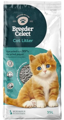 Breeder Celect All-Natural Cat Litter (35L) – 99% Recycled Paper, Highly Absorbent Kitten Cat Litter/Bedding, Excellent Odour Control, Non-Clumping, Biodegradable & Compostable