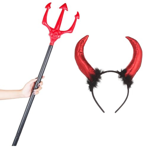 XineYuor Dreizack Teufel,Teufelsgabel,Teufelsstab,Rot Teufel Kostüm Kinder mit Teufelsohren,Dreizack Teufel,Geisterkopf-Spleiß-Requisite für Kinder Halloween Karneval Bühnenauftritte