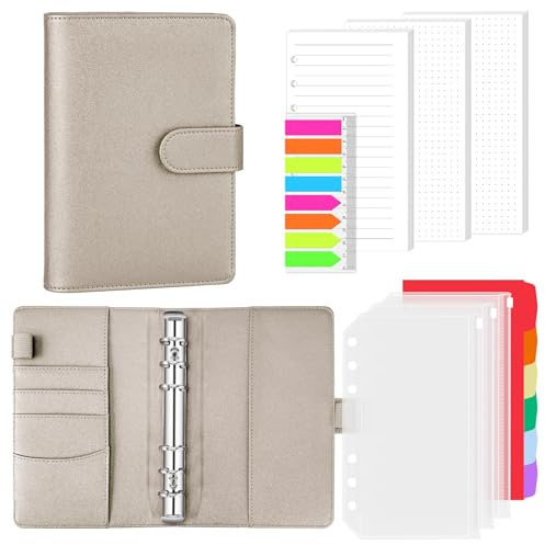 AKONEGE Ringbuch A6 PU-Leder nachfüllbares Notizbuch mit 135 Blatt 6 Löcher A6-Nachfüllpapier, Bindertaschen, Trennblätter, Haftmarkern, Planer-Organizer für Reisen, Arbeit, Schule - Goldglitter