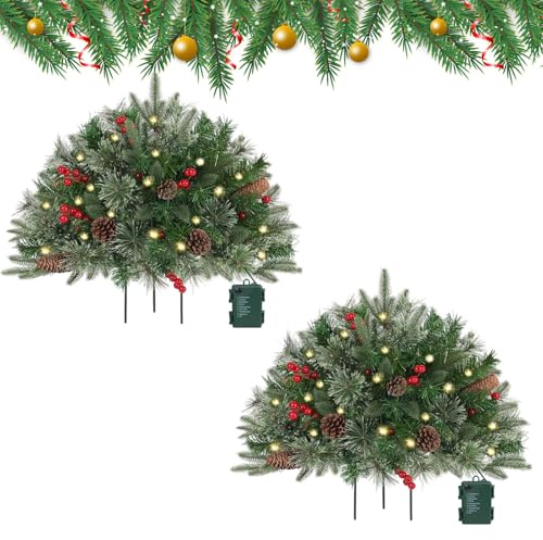 2026 NEW Pre-lit Artificial Christmas Tree Urn Filler, Lighted Holiday Planter Filler, Outdoor Christmas Tree with Tripod Stake and 60 LED Lights for Porch,Yard (Green-2pcs)