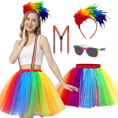 PeakPeek Regenbogen Kostüm Damen, Regenbogen Tüllrock mit Bunt Feder Stirnband Bunt Hosenträger Brille, Faschingskostüm Damen, Tütü Damen Bunte Federn, für Karneval und Mottoparty