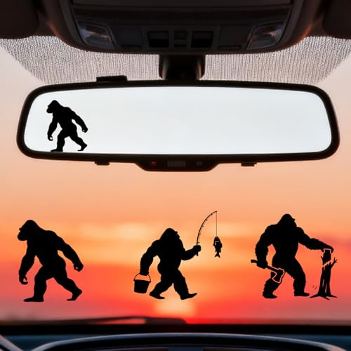 PRESSINART 6 Stück 3 Styles Sasquatch Auto Aufkleber Rückspiegel Sticker Schwarz Orang-Utan Angeln Lustig Kleine PVC Vinyl Transfer Sticker Für Stoßstange Motorrad LKW Laptop Wasserflasche Dekoration