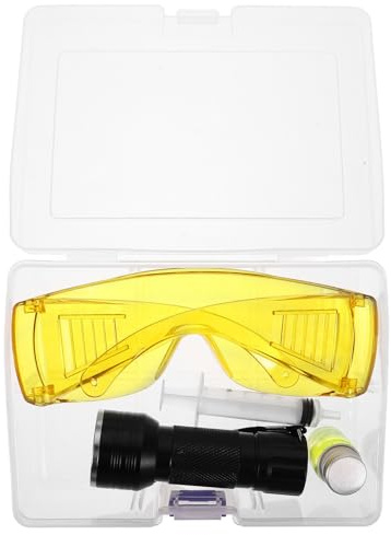PLAFOPE Kfz Klimaanlagen Lecksuchset mit UV Taschenlampe und Fluoreszierendem Farbstoff für Professionelle Reparaturarbeiten an Auto und Hausklimaanlagen aus Kunststoff und Metall