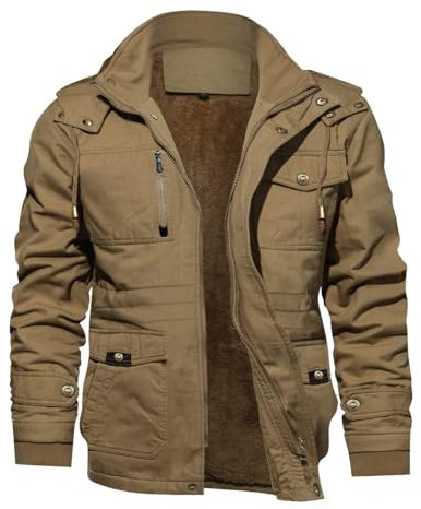 KEFITEVD Vestes avec Capuche Polaires d'hiver pour Hommes Veste Chaude de Travail Epaisse Manteau Coupe-vent avec 7 Poches Coton,Kaki,L