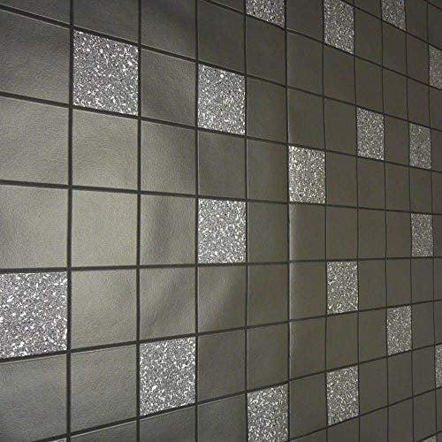 YöL Black Grey Glitter Effect Granite Silver Tile on a Roll Wallpaper