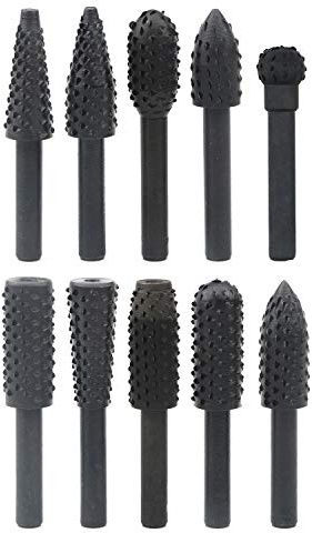 Rowiz 10pcs 6.3mm(1/4 Inch) Shank Rotary Rasp Set, Woodworking Twist Drill Bits, Electrical Tools Woodworking Rasp Chisel Shaped Rotating Embossed Grinding Head