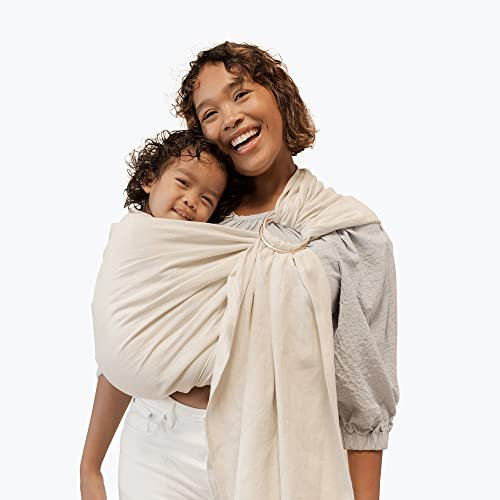 WildBird Ring Sling Babytrage für frischgebackene Mütter & Väter & Betreuer – aus 100% Belgien Leinen – für Neugeborene bis Kleinkinder bis 15,9 kg – Länge 228,6 cm Größe (Spatzenstoff/Bronze-Ring)