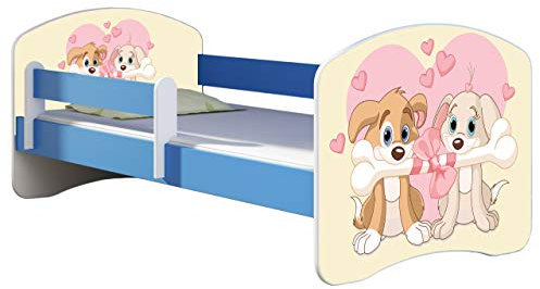 ACMA Kinderbett Jugendbett mit Einer Schublade und Matratze Blau mit Rausfallschutz Lattenrost II 140x70 160x80 180x80 (12 Welpen, 160x80)