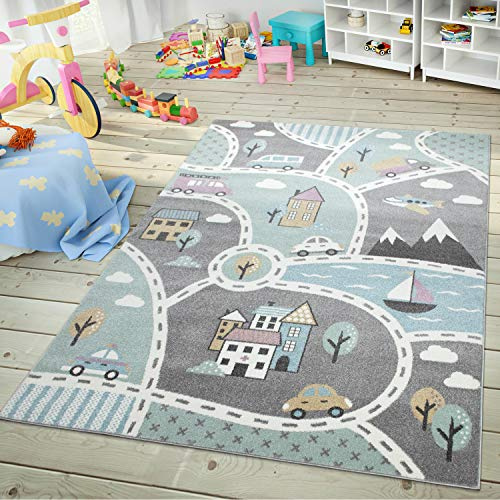 TT Home Kinder-Teppich, Spiel-Teppich Für Kinderzimmer, Mit Straßen-Motiv, In Grün Grau, Größe:Ø 200 cm Rund