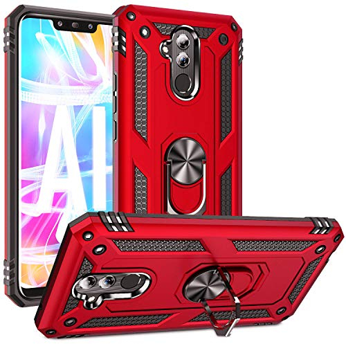 Fetrim Hülle für Huawei Mate 20 Lite, doppellagig stoßfest Schutzhülle mit Drehring Ständer für Huawei Mate 20 Lite rot