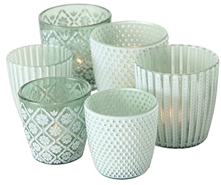 BOLTZE Windlicht Patty 6er-Set | Teelichthalter aus Glas, Höhe 7–9 cm | handgearbeitet & bemalt | skandinavisches Design in Grün | für Kerzen, Tischdeko & stimmungsvolle Beleuchtung