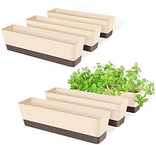 Greaner Blumenkasten für Fensterbank, 6 Stück, 40,6 x 9,6 cm, rechteckige Sukkulentenfensterbox mit Tablett, moderne Kunststoff-Pflanztöpfe Veranda, Terrasse, Garten, Balkon, Heimbüro, Außendekoration