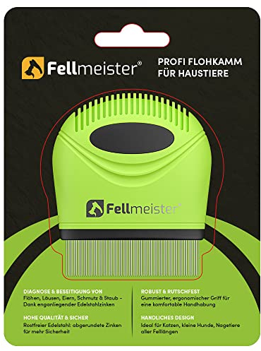 Fellmeister® Profi Flohkamm, Läusekamm, Nissenkamm - Ungezieferkamm gegen Flöhe, Läuse, Zecken und andere Parasiten bei Hund & Katze - mit abgerundeten Metall Zinken zur sanften Pflege