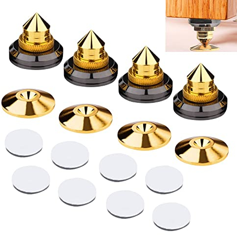 ZACUDA 4 Pièces Pointes de Haut Parleur Embouts de Caisson de Basses Haut-Parleur Dorés Haut-Parleur Spike Pointe de Decouplage Enceinte avec 4 Patins de Base et 8 Autocollants pour Lecteur CD DVD