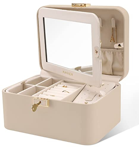 KAMIER Schmuckkästchen mit Spiegel und Schloss, 2-stöckige luxuriöse und geräumige Schmuckschatulle aus hochwertigem Flanell für Damen, Ringe, Ohrringe, Armbänder und Halsketten, Beige