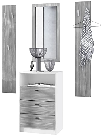 Vladon Garderoben-Set Pino V2, Made in Germany, 2 Wandpaneele 140 cm und Anrichte mit 3 Schubladen & 1 offenem Fach, Weiß matt/Avola-Anthrazit (56 x 86,5 x 36 cm)