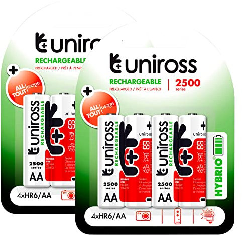 Uniross Piles rechargeables Hybrio Stilo AA / HR6 Ni-MH 1,2 V 2350 mAh - 2 ampoules de 4 piles