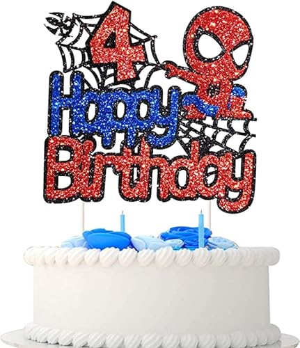 Spiderman Tortendeko 4 Geburtstag, Happy Birthday Tortendek, Superhelden Cake Topper, Doppelseitiger Glitter Kindergeburtstag Kuchen Deko für Mädchen Junge Baby