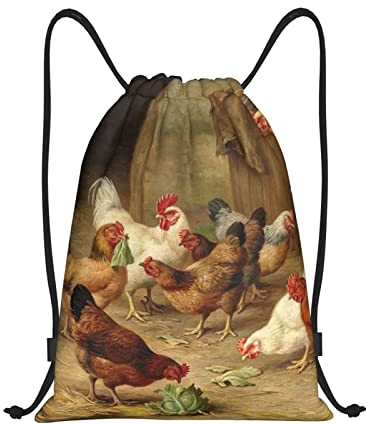 Borse con coulisse stampate da viaggio per palestra con pollo arrosto per galline e galline per uomo e donna, Nero , M