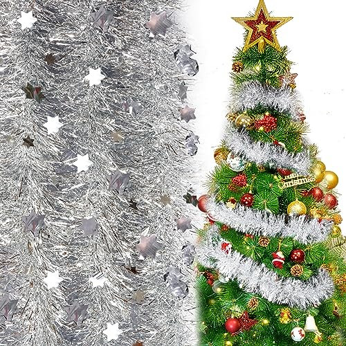 COLOFALLA 6 Stücke 2 Meter Weihnachten Lametta Girlande Silbern mit Stern Weihnachten Deko Weihnachtsbaum Weihnachten Girlande Glitzer Deko für Weihnachten Party Tannenbaum Feiern Hochzeit Karneval