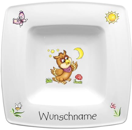 Doriantrade Suppenteller eckig 22cm Kinderteller Teller Porzellan Eule personalisierbar mit Wunschname Name Kindergeschirr mit Namen personalisiert