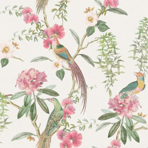 Exotic Garden Pink Green Wallpaper - Floral Flowers Leaves Birds Naturistic - Trendy Stylish Feature Wall