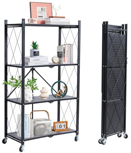 BRIAN & DANY Klappbares Regal mit Rollen, 4 Etagen Faltbare Schwerlastregal, Metallregal Schwarz, Lagerregal, Klappregal für die Küche, Büro, 71x 34x 126 cm